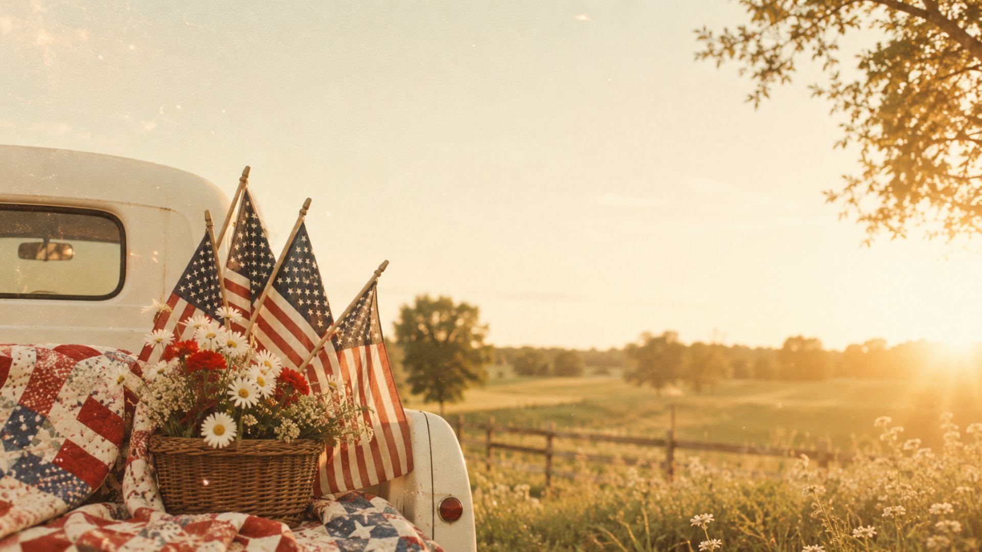 Patriotic 4th of July desktop background with a vintage truck, American flags, daisies, quilt, and golden hour country field.
