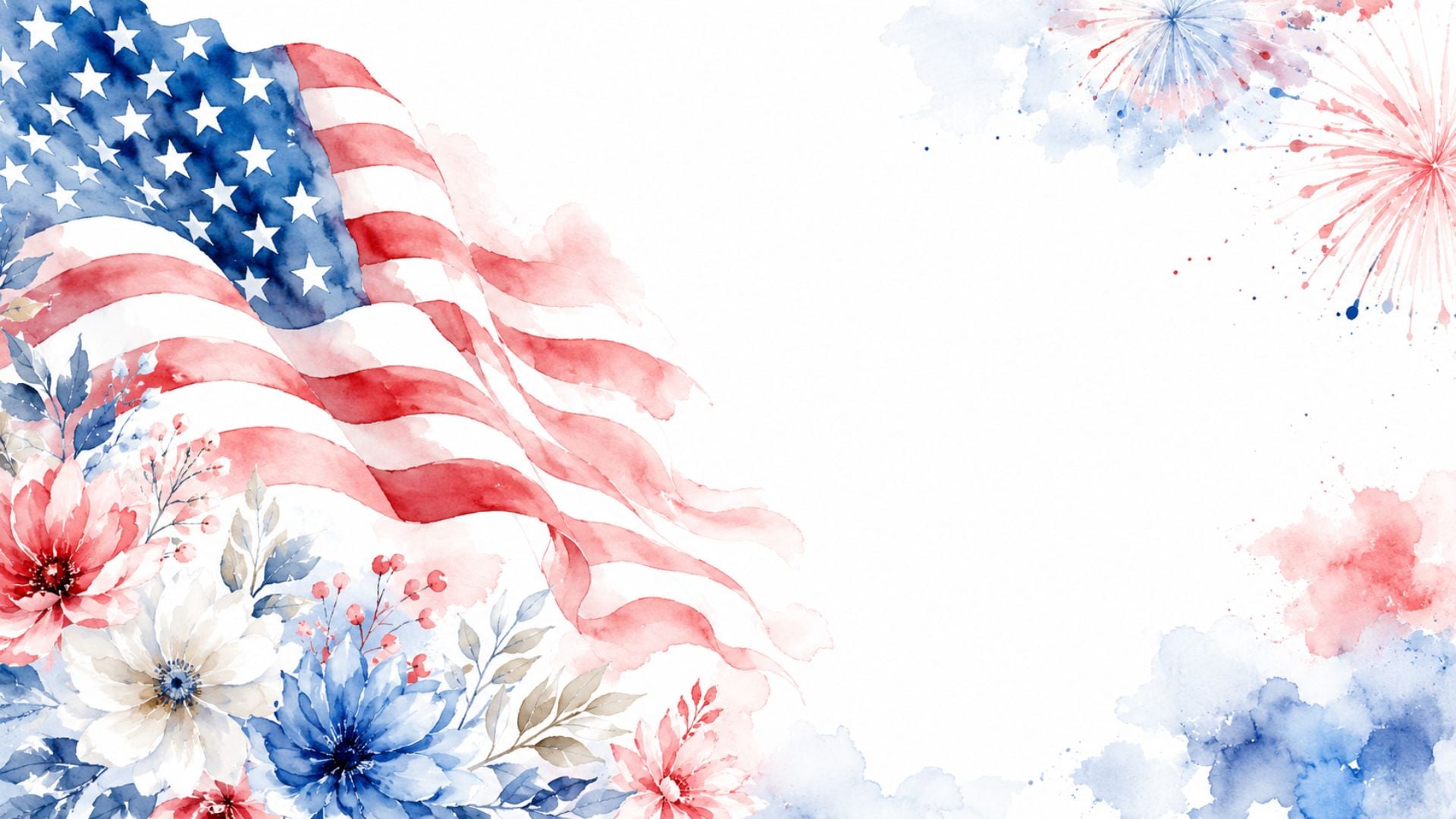 Free 4th of July desktop wallpaper with a watercolor American flag, red white and blue flowers, fireworks, and patriotic summer details.