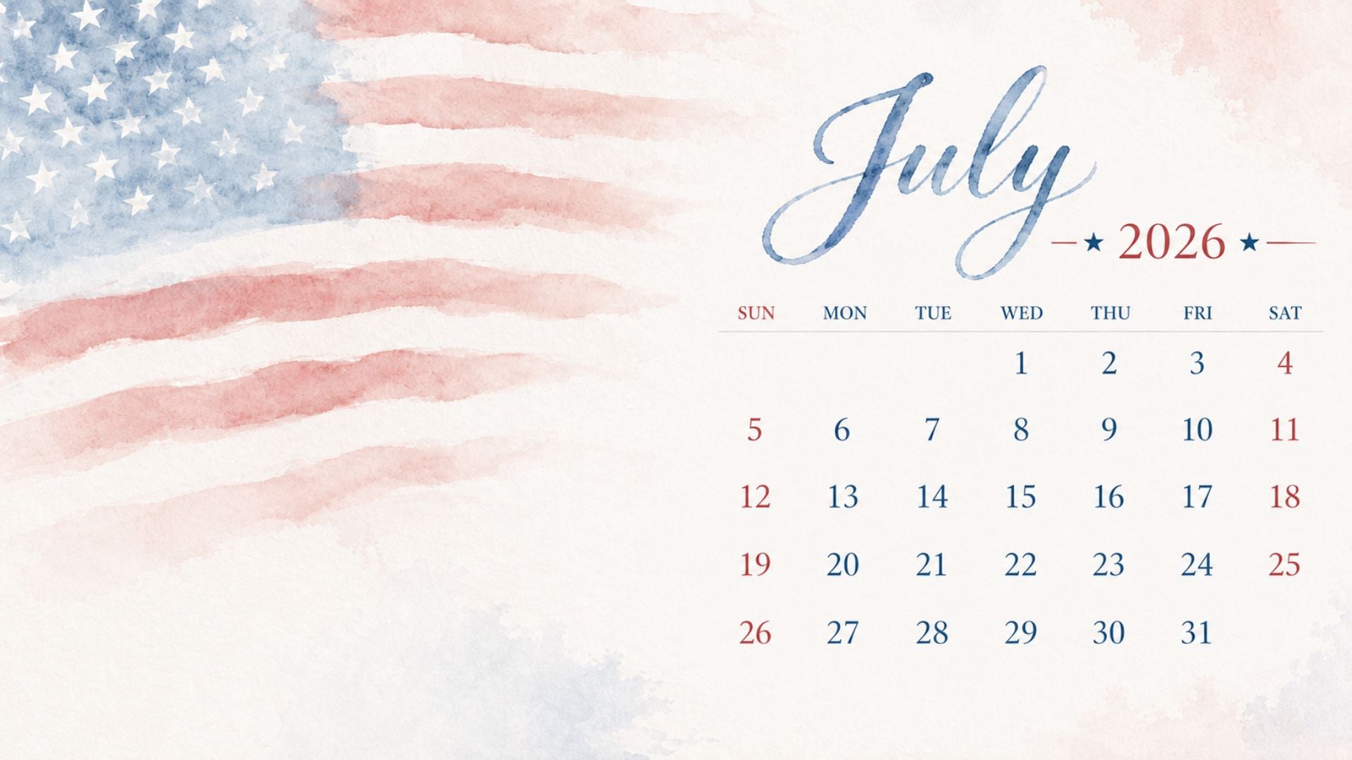 July 2026 desktop calendar background with a soft watercolor American flag, patriotic red and blue accents, and a clean monthly calendar layout.