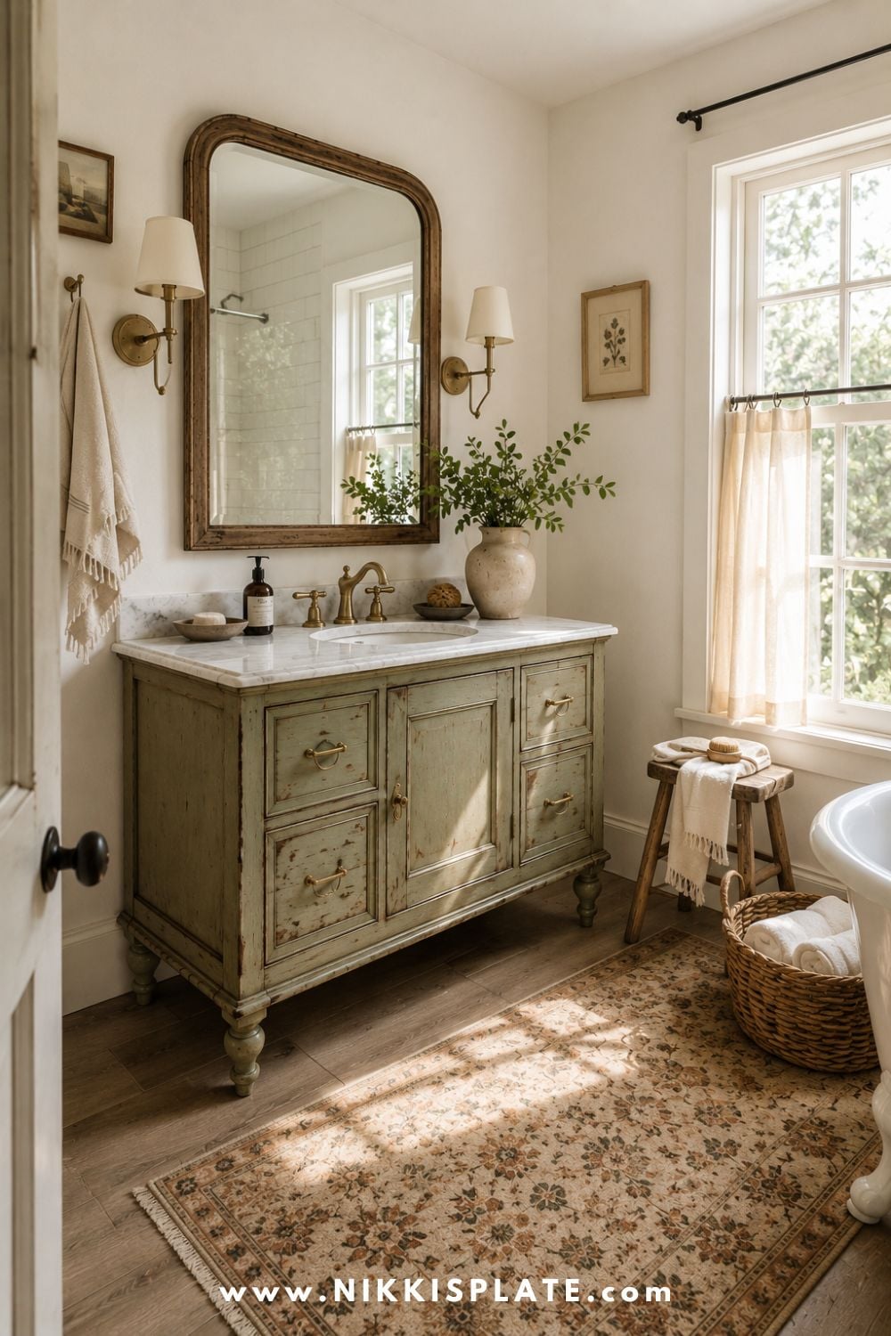 Antique green farmhouse bathroom vanity with marble countertop, brass fixtures, wood framed mirror, vintage rug, and cozy cottage bathroom decor.