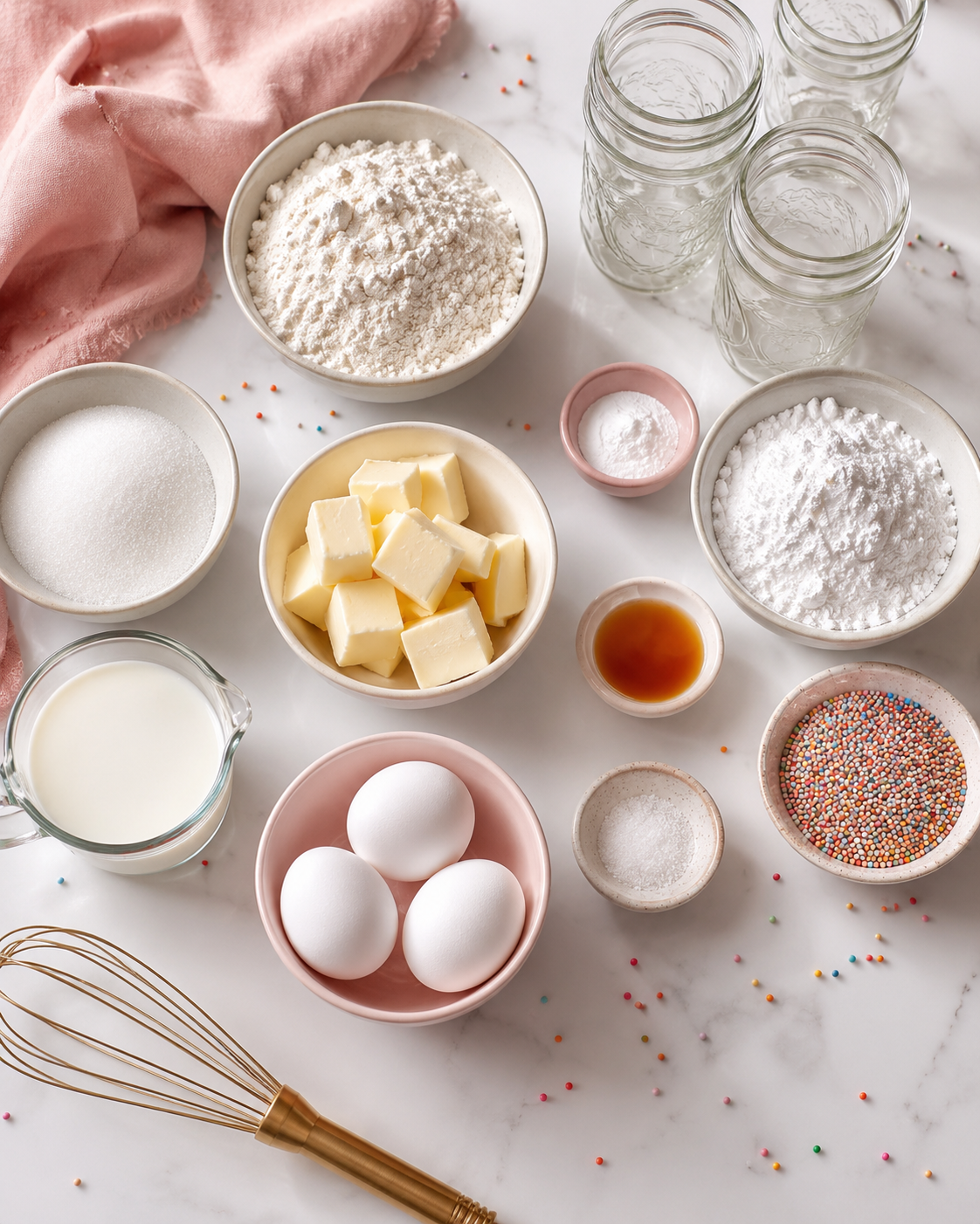 Ingredients for dot cake recipe arranged on a white marble countertop with flour, sugar, butter, eggs, milk, vanilla, rainbow sprinkles, and mason jars.