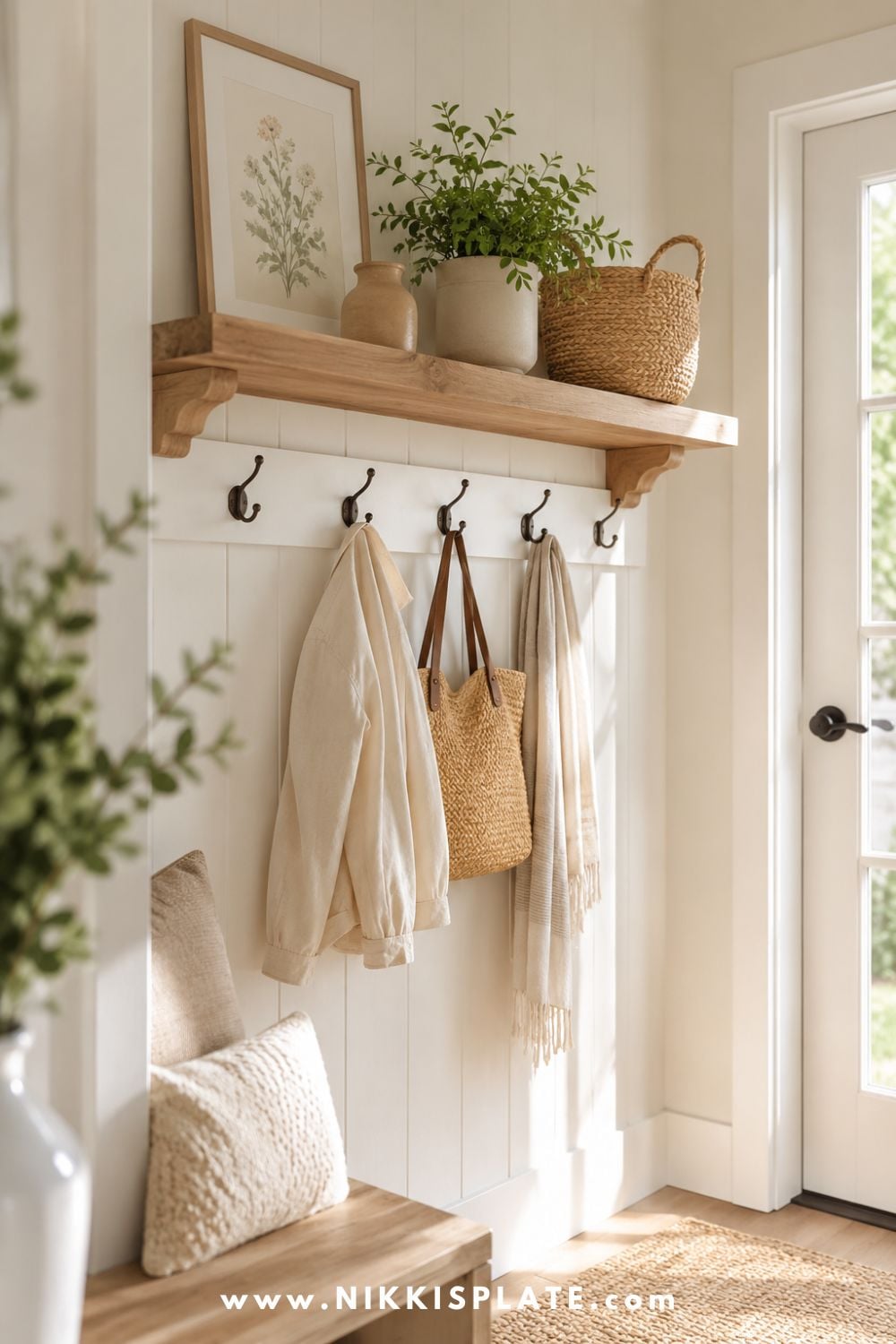Bright farmhouse entryway with a wooden shelf styled above wall hooks for extra storage and decor.