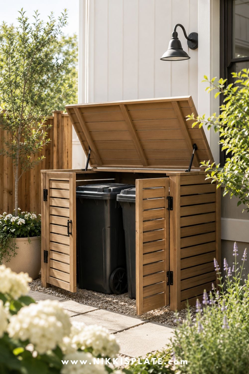 Fully enclosed wooden outdoor garbage can storage box with front doors and a hinged lid beside a white house.