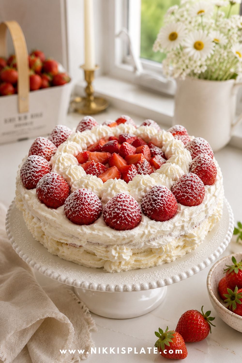 Homemade strawberry shortcake topped with fresh strawberries, powdered sugar, and whipped cream on a white cake stand by a sunny kitchen window.