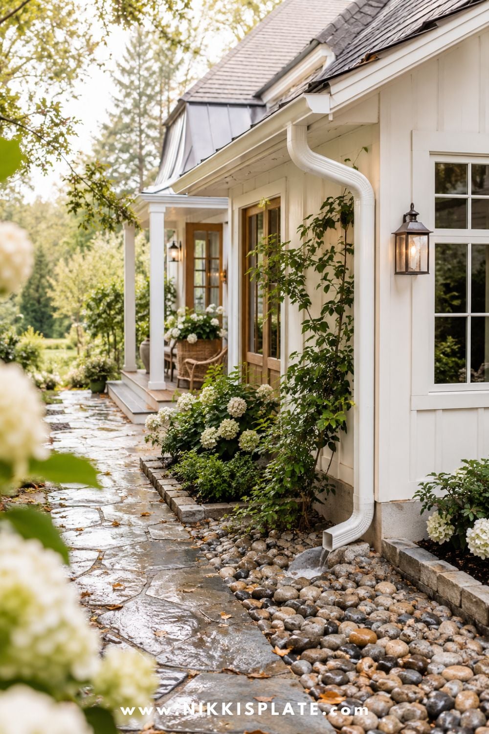 Airy farmhouse exterior with clean gutters, a white downspout, wet stone walkway, and river rock drainage bed guiding rainwater away from the home.
