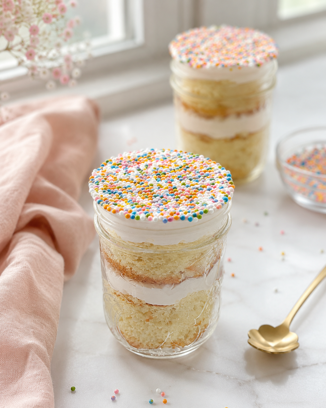 Mini dot cake jars made with vanilla cake, buttercream frosting, and rainbow dot sprinkles, perfect for birthdays, parties, and playdates.
