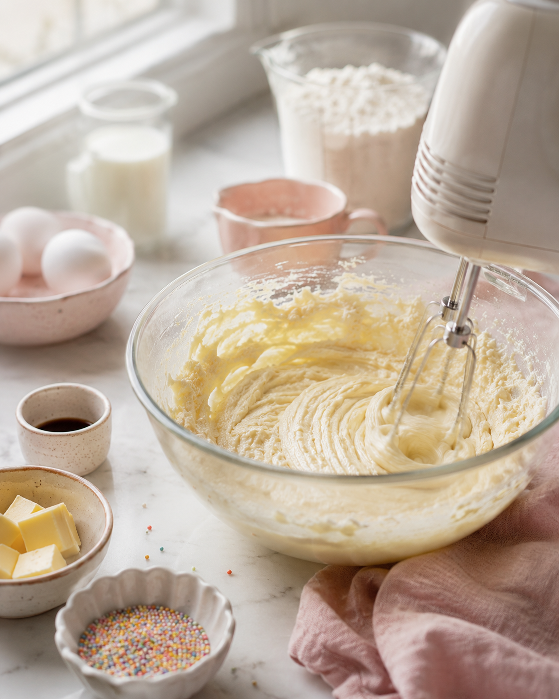 Vanilla cake batter being mixed in a glass bowl with a hand mixer for homemade dot cake jars with rainbow sprinkles.