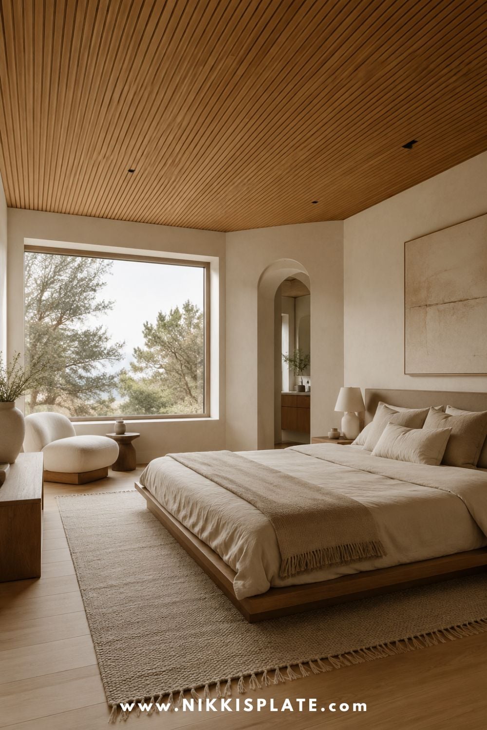 Minimal modern bedroom with a narrow wood slat ceiling, low platform bed, oversized picture window, and warm neutral decor.