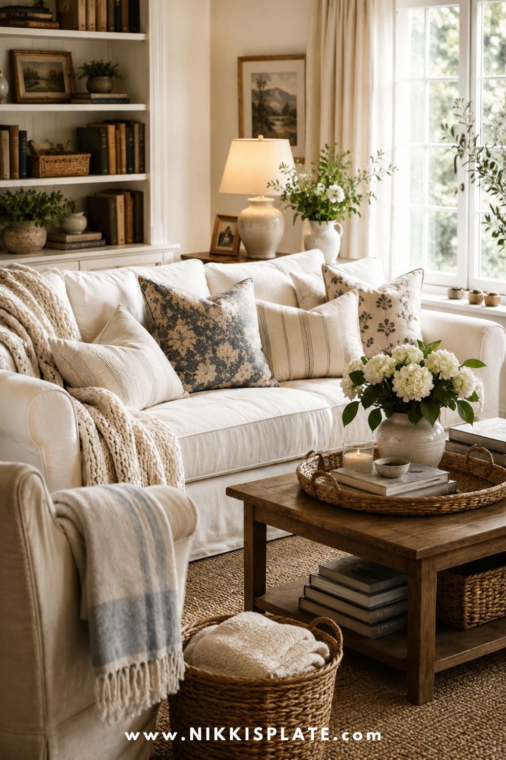 Nancy Meyers aesthetic living room with a white slipcovered sofa, classic layered decor, cozy throws, table lamp, fresh flowers, woven baskets, vintage books, warm neutrals, and timeless cottage style.