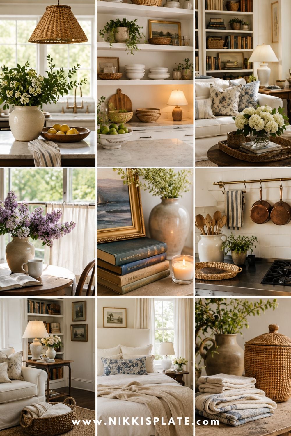 Nancy Meyers aesthetic home decor collage featuring a cozy kitchen, slipcovered living room, fresh flowers, woven baskets, open shelving, layered textiles, vintage books, and warm neutral cottage style interiors.