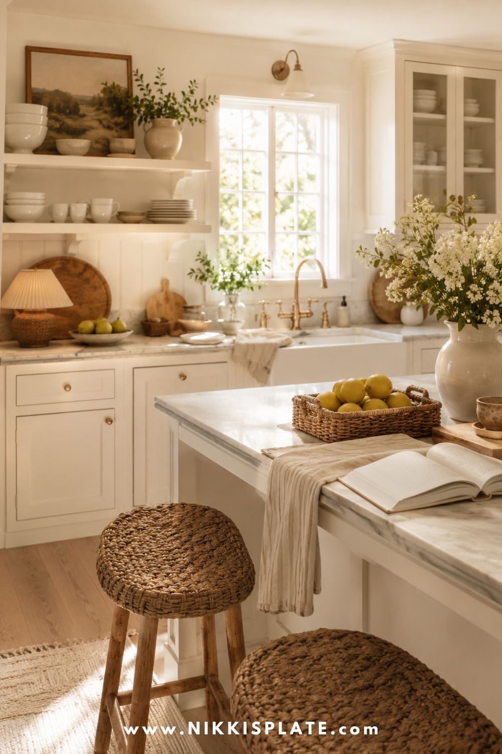 Nancy Meyers aesthetic kitchen with warm neutral cabinets, open shelving, marble island, fresh flowers, woven stools, vintage cutting boards, table lamp, and cozy classic cottage style decor.