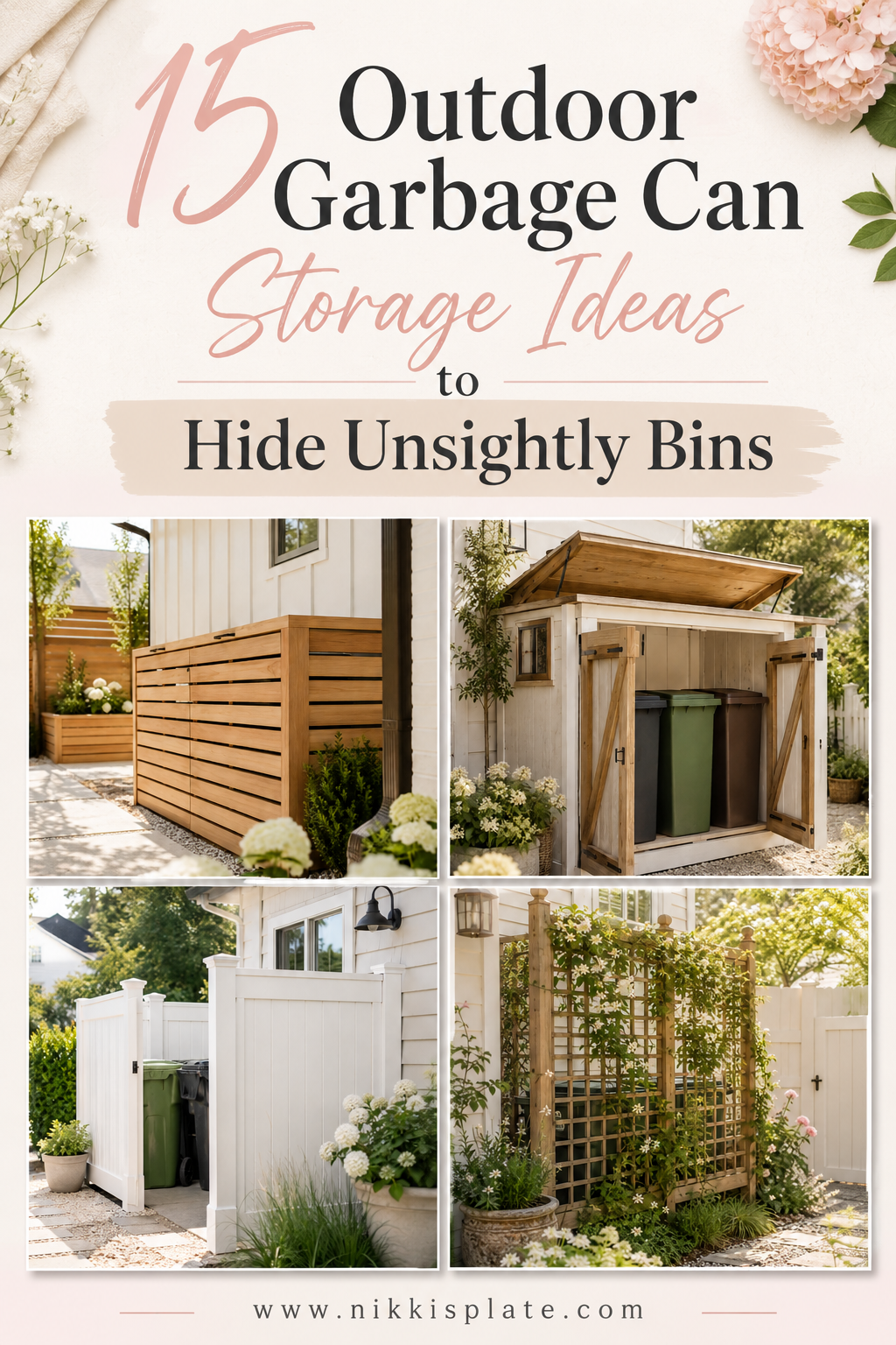 Looking for smart ways to hide outdoor trash bins? These outdoor garbage can storage ideas include privacy screens, enclosed bin sheds, vinyl panels, trellis screens, planter-top enclosures, and more to help keep your yard tidy and beautiful. Get inspired with 15 creative outdoor garbage can storage ideas to hide unsightly bins and make your side yard, driveway, or backyard look more polished.