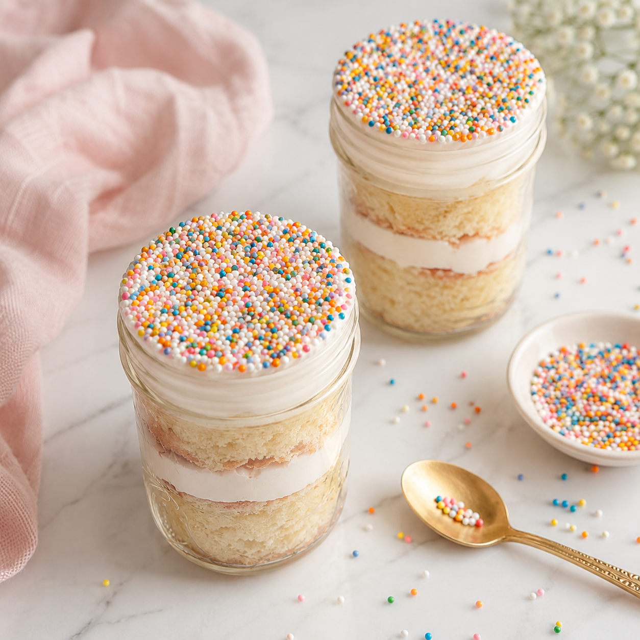 Rainbow sprinkle dot cake jars styled with a gold spoon, blush linen napkin, and extra sprinkles for an easy birthday dessert idea.
