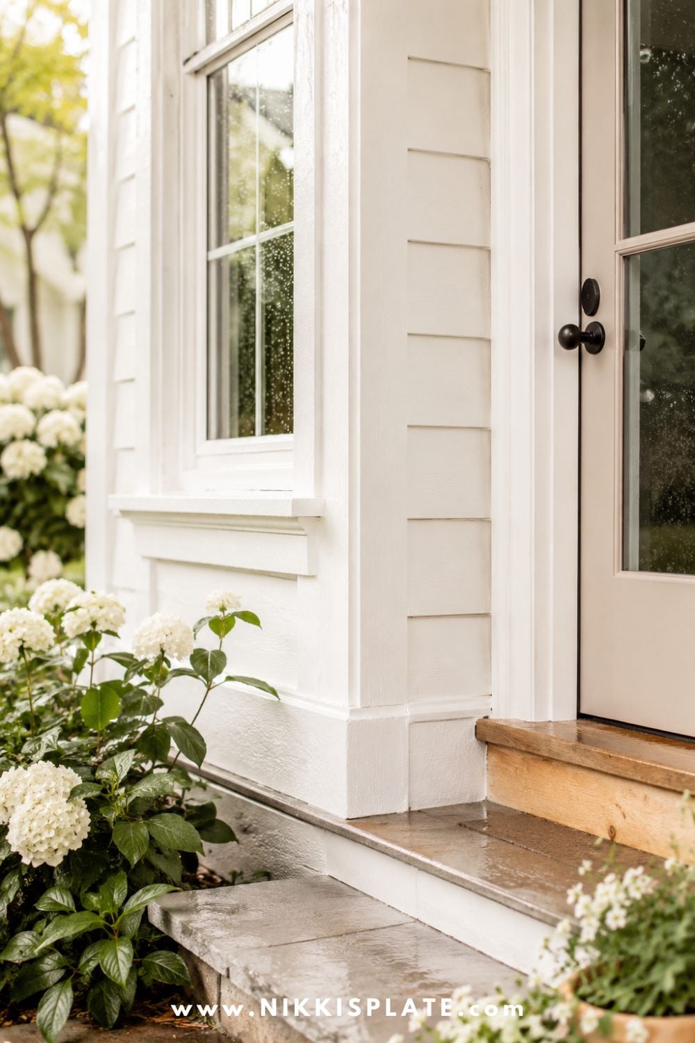 Bright farmhouse exterior close-up with sealed white window trim, a neutral front door, rain droplets, stone steps, and soft hydrangeas after rainfall.