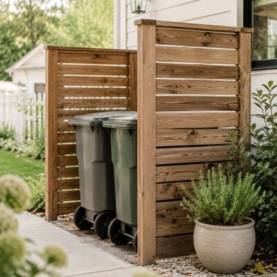 Looking for smart ways to hide outdoor trash bins? These outdoor garbage can storage ideas include privacy screens, enclosed bin sheds, vinyl panels, trellis screens, planter-top enclosures, and more to help keep your yard tidy and beautiful. Get inspired with 15 creative outdoor garbage can storage ideas to hide unsightly bins and make your side yard, driveway, or backyard look more polished.