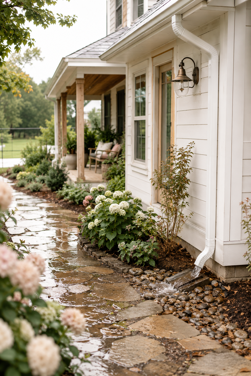 Rain-smart farmhouse exterior with a downspout guiding water into a stone drainage area beside a wet garden walkway after rainfall.