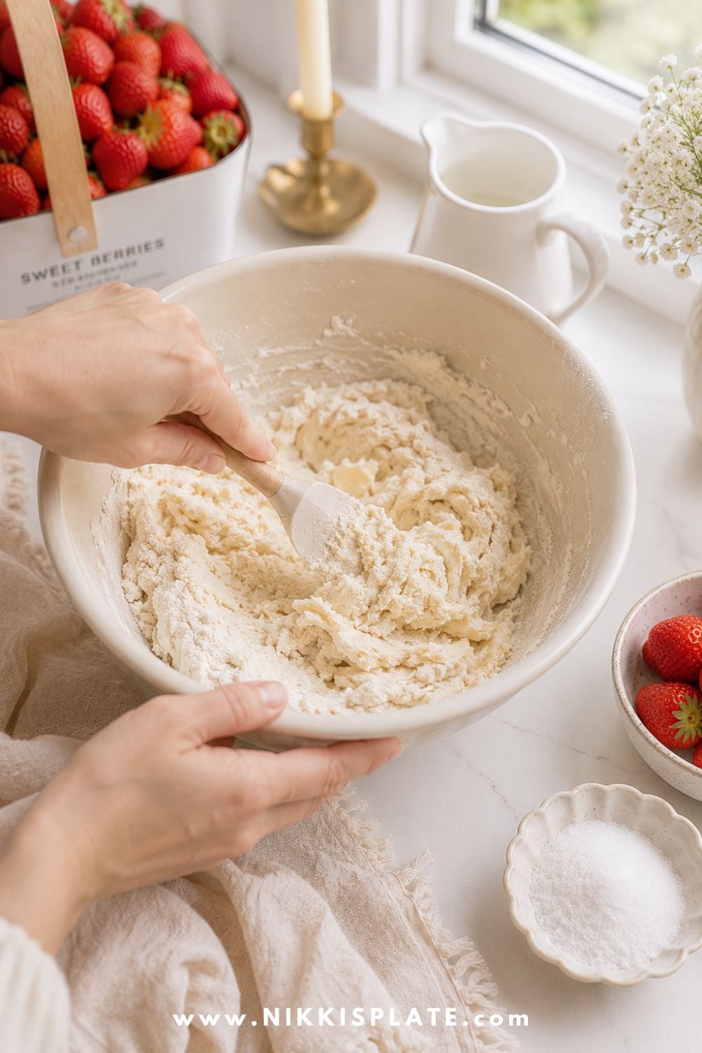 Homemade strawberry shortcake batter being mixed in a bowl with fresh strawberries, sugar, and milk nearby on a bright kitchen counter.