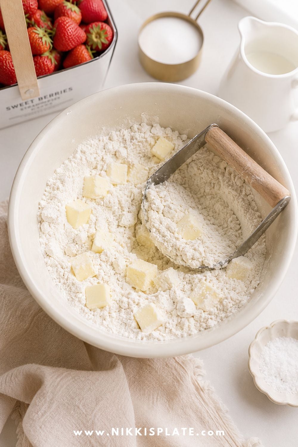 Cold butter being cut into flour in a mixing bowl for homemade strawberry shortcake, with fresh strawberries, sugar, and milk nearby.