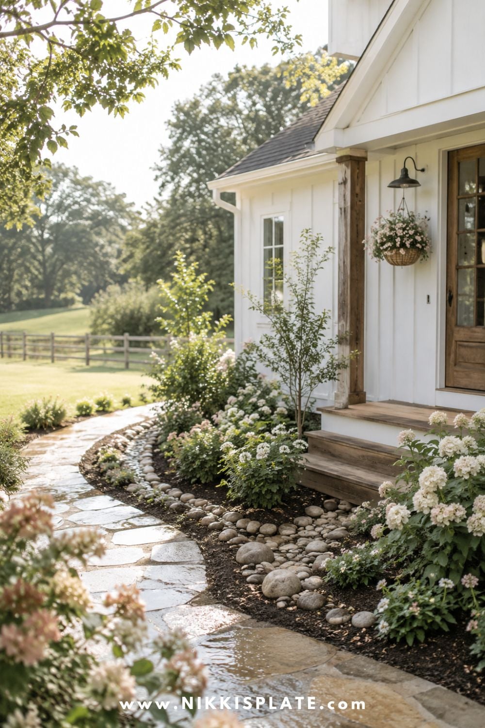 Soft farmhouse exterior with a curved stone drainage swale, layered hydrangeas, mulch beds, and a wet walkway guiding rainwater away from the home.