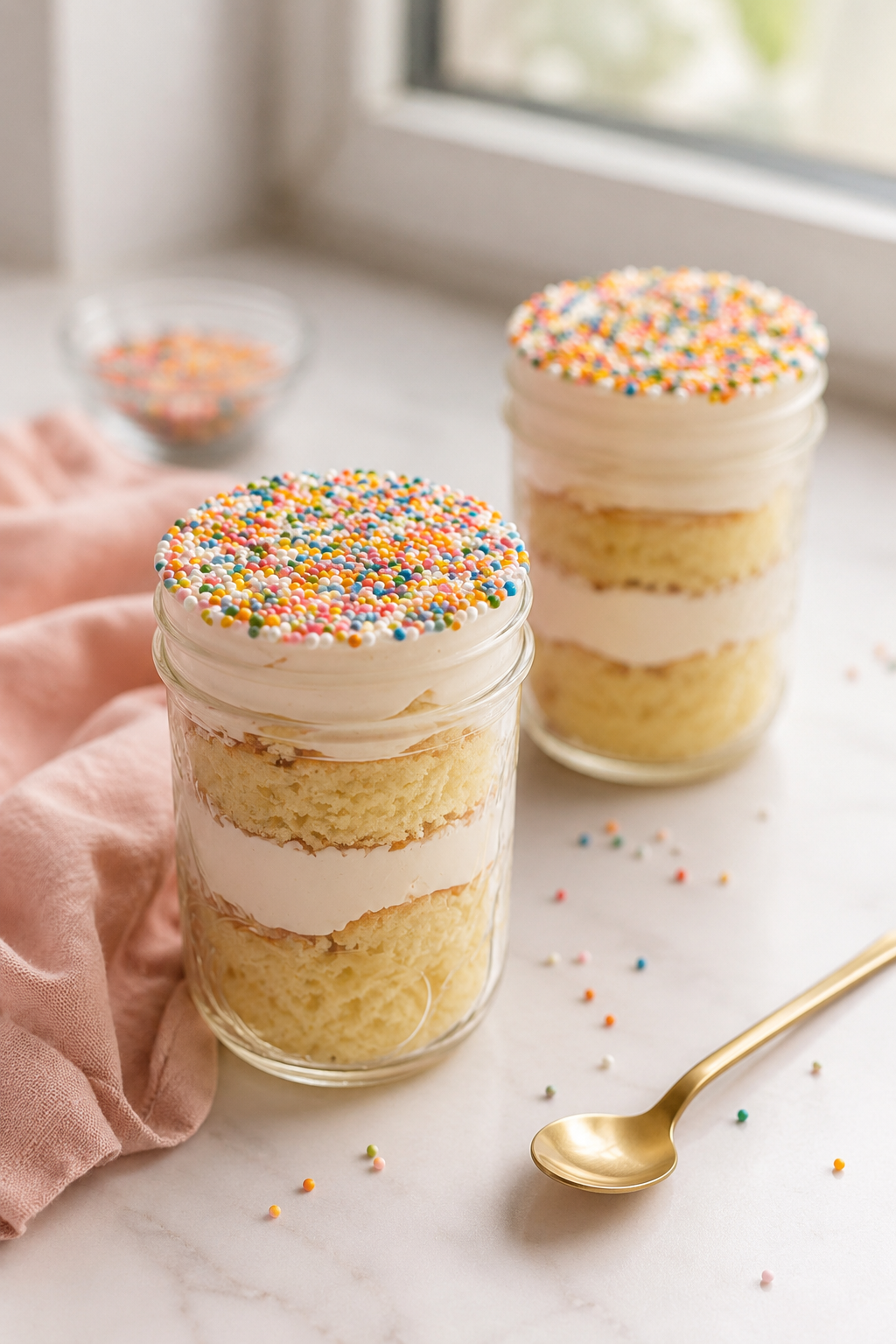 Viral dot cake recipe served in mason jars with vanilla cake layers, buttercream frosting, rainbow dot sprinkles, a blush napkin, and gold spoon.