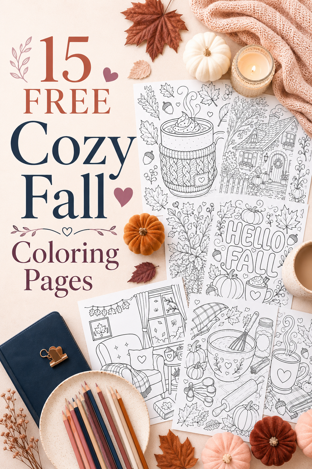 Pinterest pin for 15 free cozy fall coloring pages with printable autumn designs, pumpkins, leaves, candles, mugs, and colored pencils