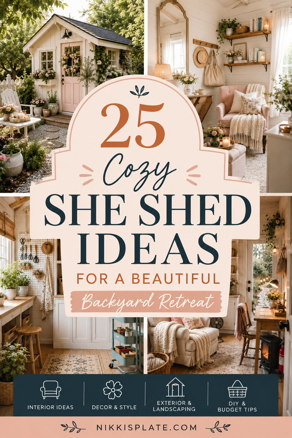 Dreaming of a peaceful backyard escape? Discover 25 cozy she shed ideas, including beautiful she shed interiors, small-space layouts, office and craft room inspiration, exterior decorating ideas, landscaping tips, storage solutions, and budget-friendly makeovers. Save these feminine, cottage-style ideas for creating your own relaxing backyard retreat.