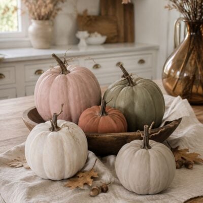 DIY chalk-painted faux pumpkins in cream, taupe, terracotta, blush and olive arranged in a vintage wood bowl on a farmhouse kitchen island.