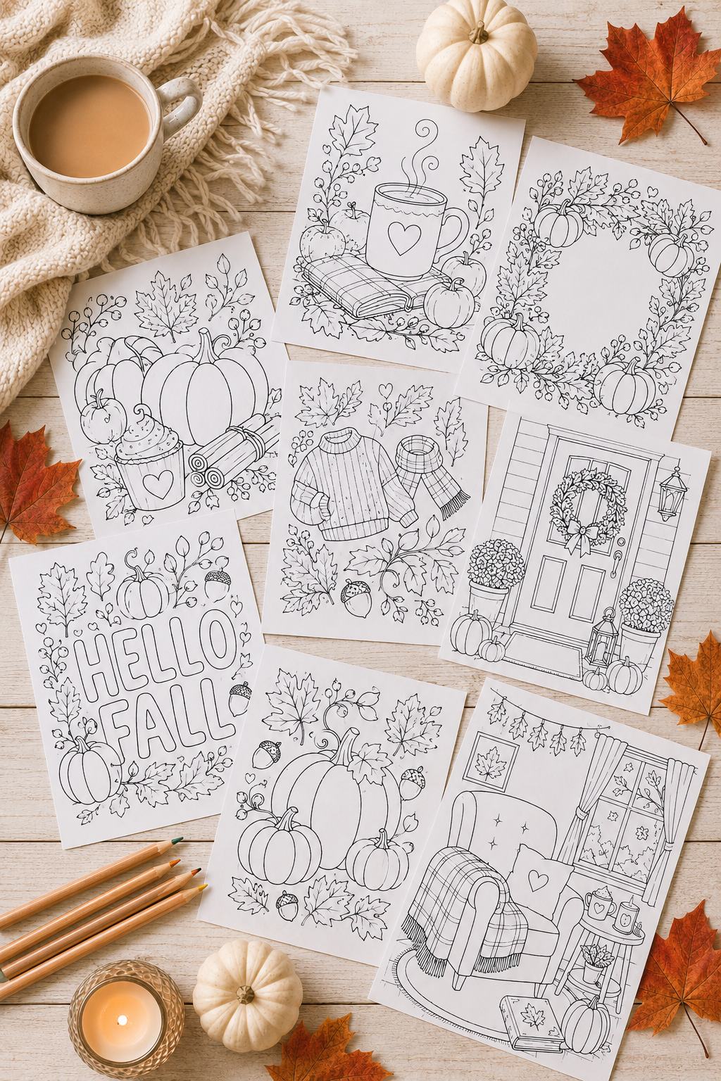 cozy fall coloring pages printable set preview with pumpkins, mugs, leaves, wreaths, porch scenes, and autumn designs