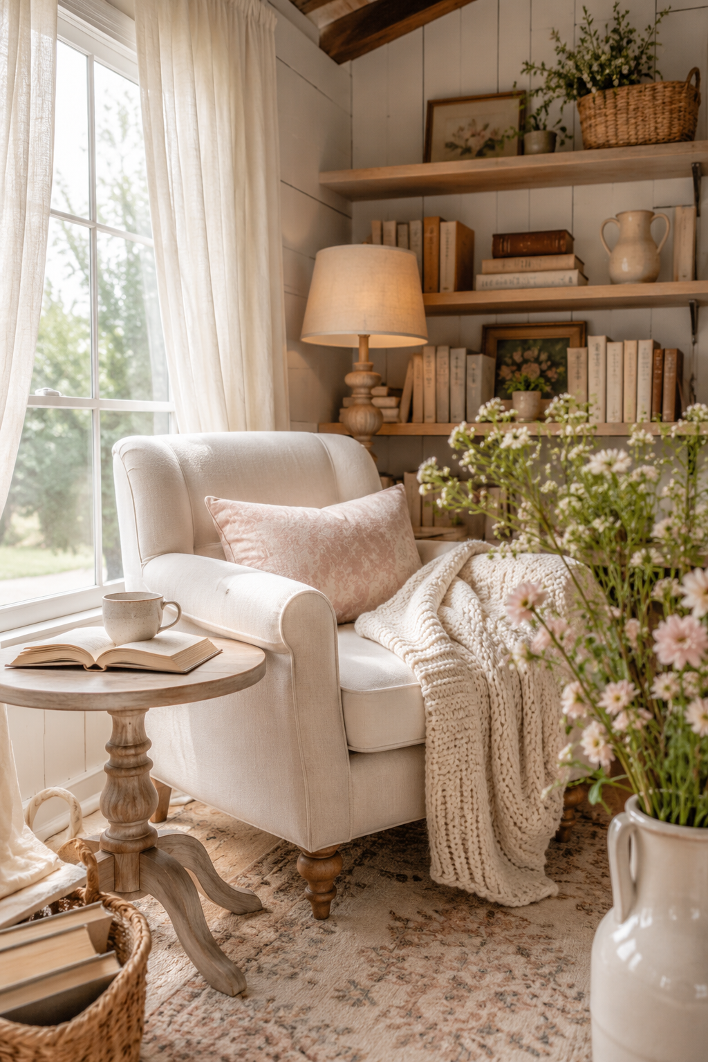 Cozy she shed reading nook with an upholstered chair, soft blanket, side table, books, and linen curtains