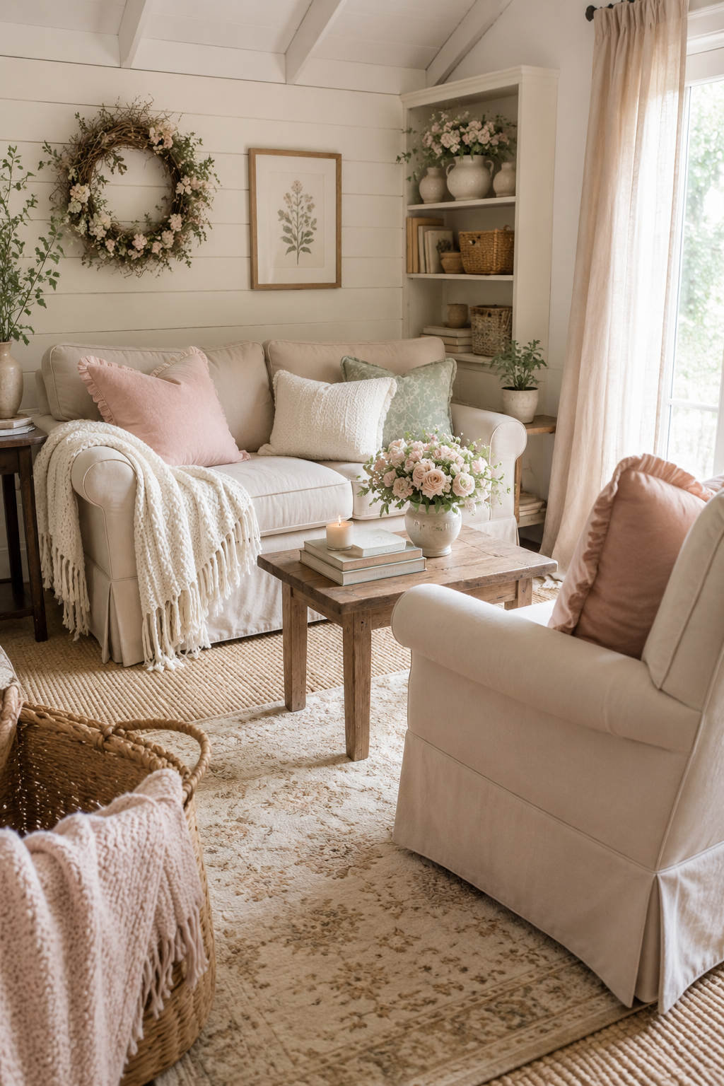 Cozy she shed seating area with a small loveseat, accent chair, round table, rug, and flowers