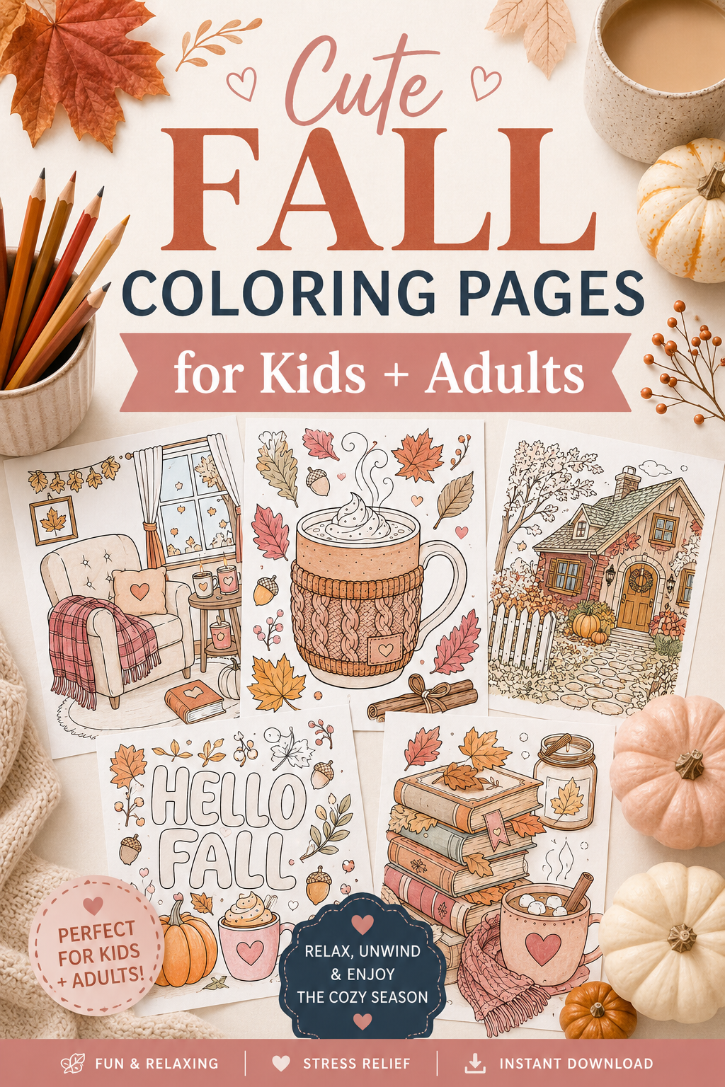 Pinterest pin for cute fall coloring pages for kids and adults with pumpkins, mugs, leaves, cottages, and cozy autumn designs
