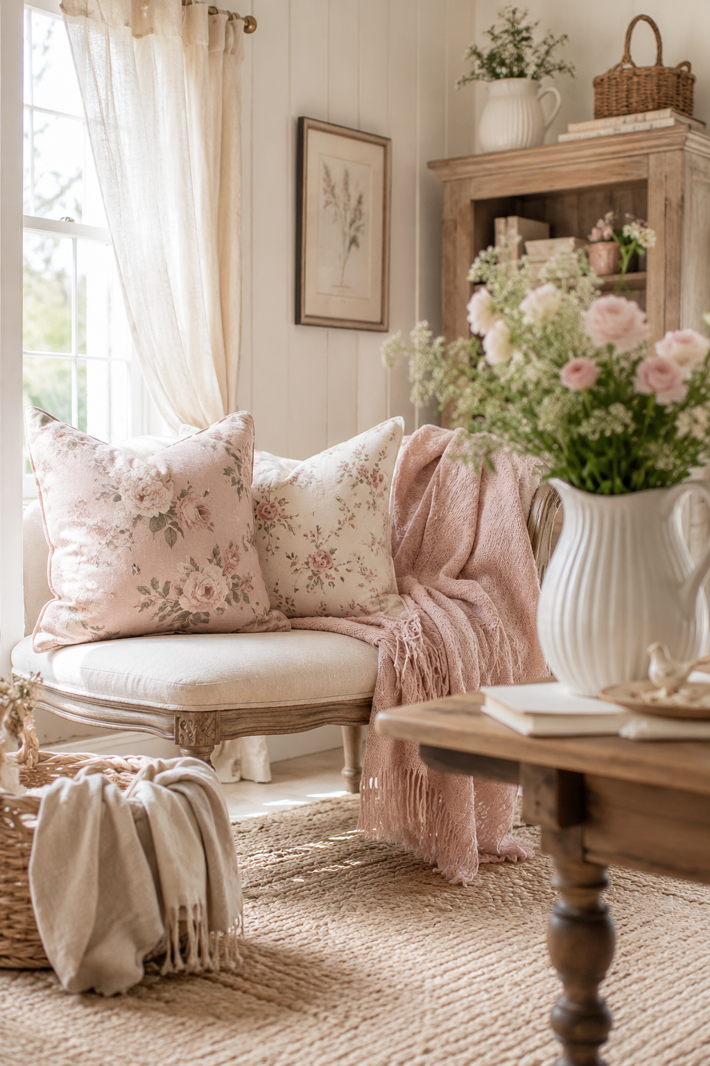 Cute she shed ideas inside with floral pillows, linen curtains, a soft rug, and layered neutral textiles