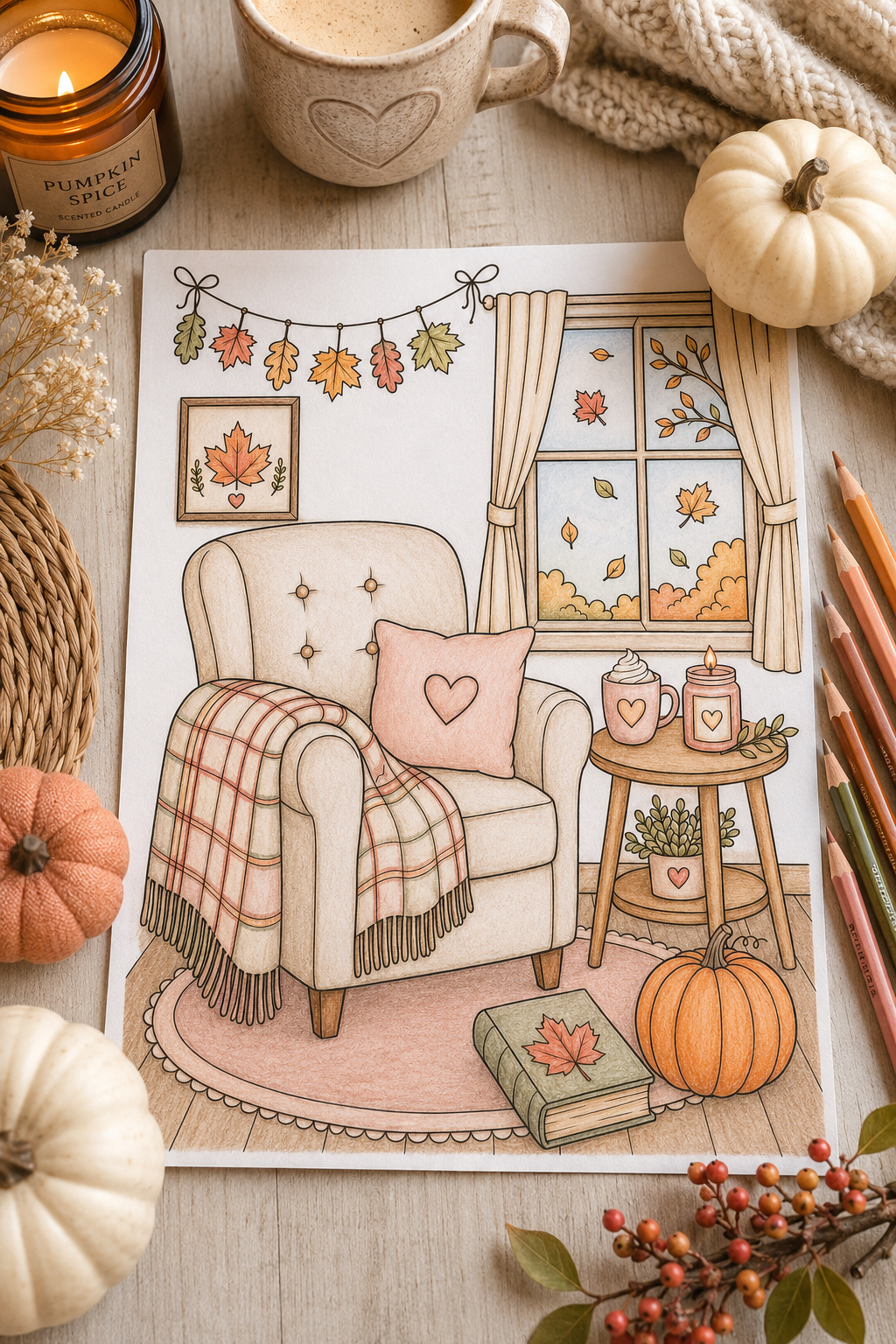 finished cozy fall coloring page with a chair, blanket, pumpkin, mug, candle, and autumn leaves