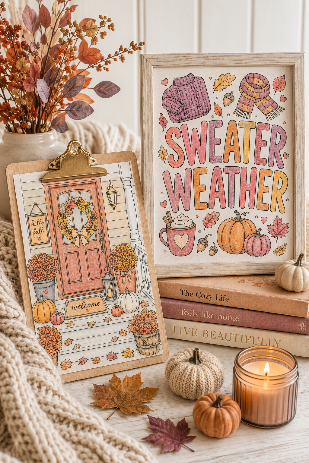 finished fall coloring pages displayed as cozy autumn decor with pumpkins, candles, leaves, and sweater weather quote