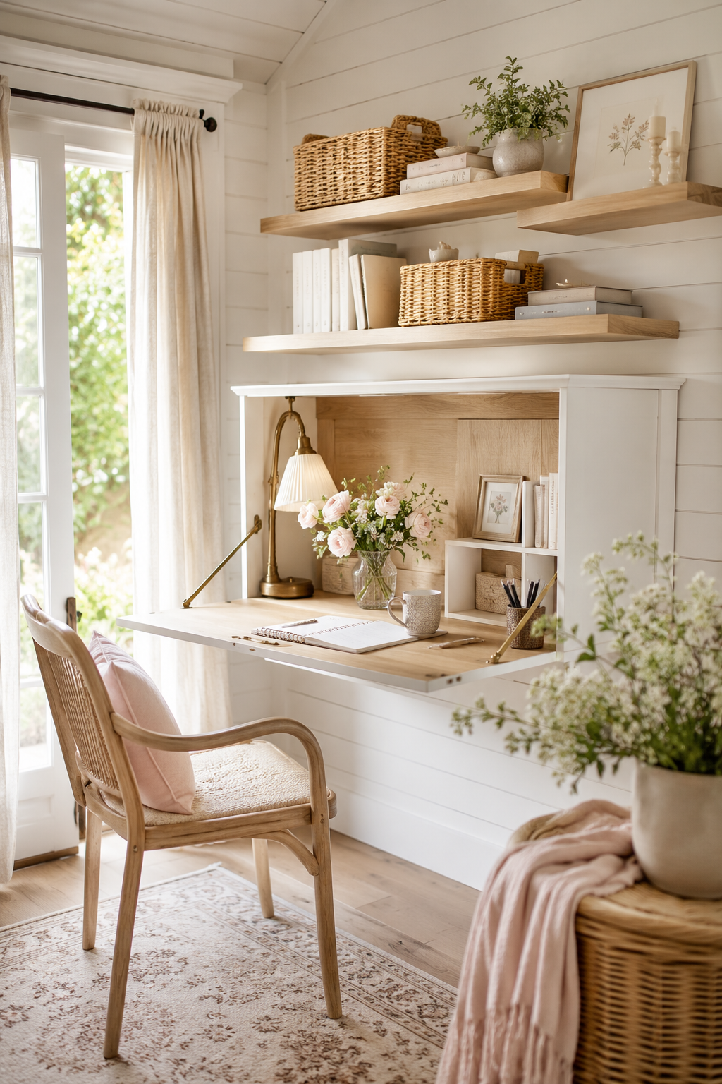 Small she shed with a wall-mounted fold-down desk, chair, shelves, and organized workspace