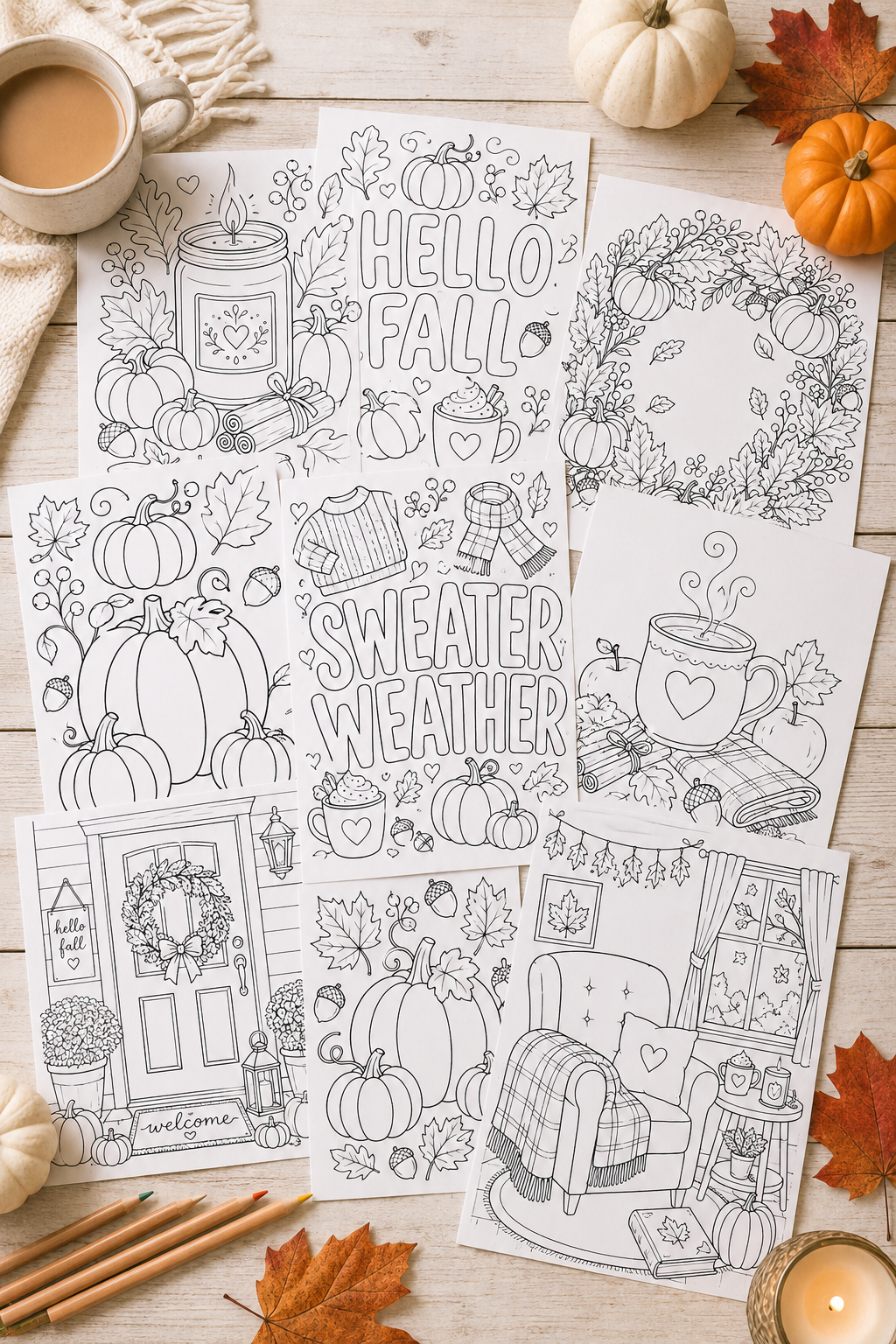 free printable cozy fall coloring pages preview with pumpkins, mugs, leaves, wreaths, quote pages, and cozy autumn designs