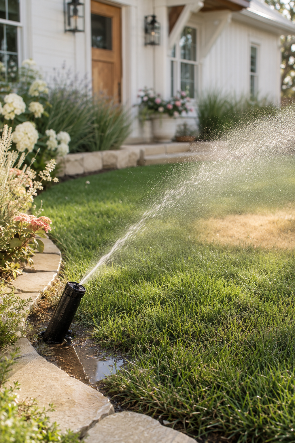 Lawn watering problems shown by a tilted sprinkler, pooling water and a dry patch in a farmhouse yard.