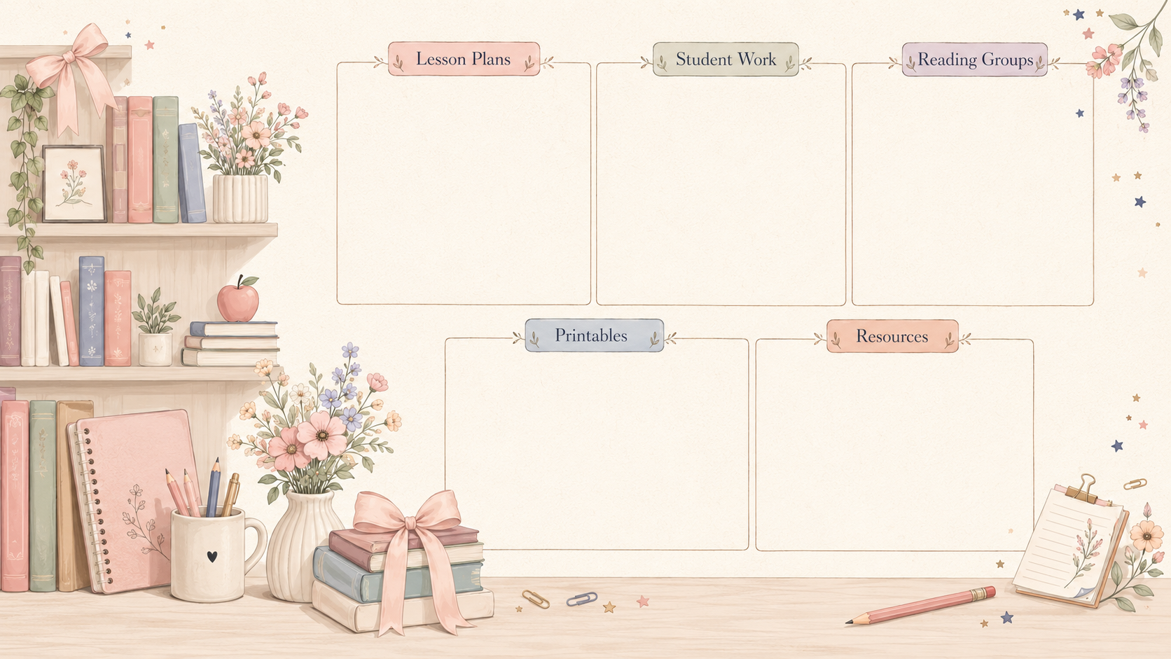 Library and book-themed teacher desktop organizer wallpaper with soft cream background, pastel bookshelves, flowers, notebooks, pencils, apple, paper clips, and labeled sections for Lesson Plans, Student Work, Reading Groups, Printables, and Resources to organize teacher computer files and classroom desktop icons.