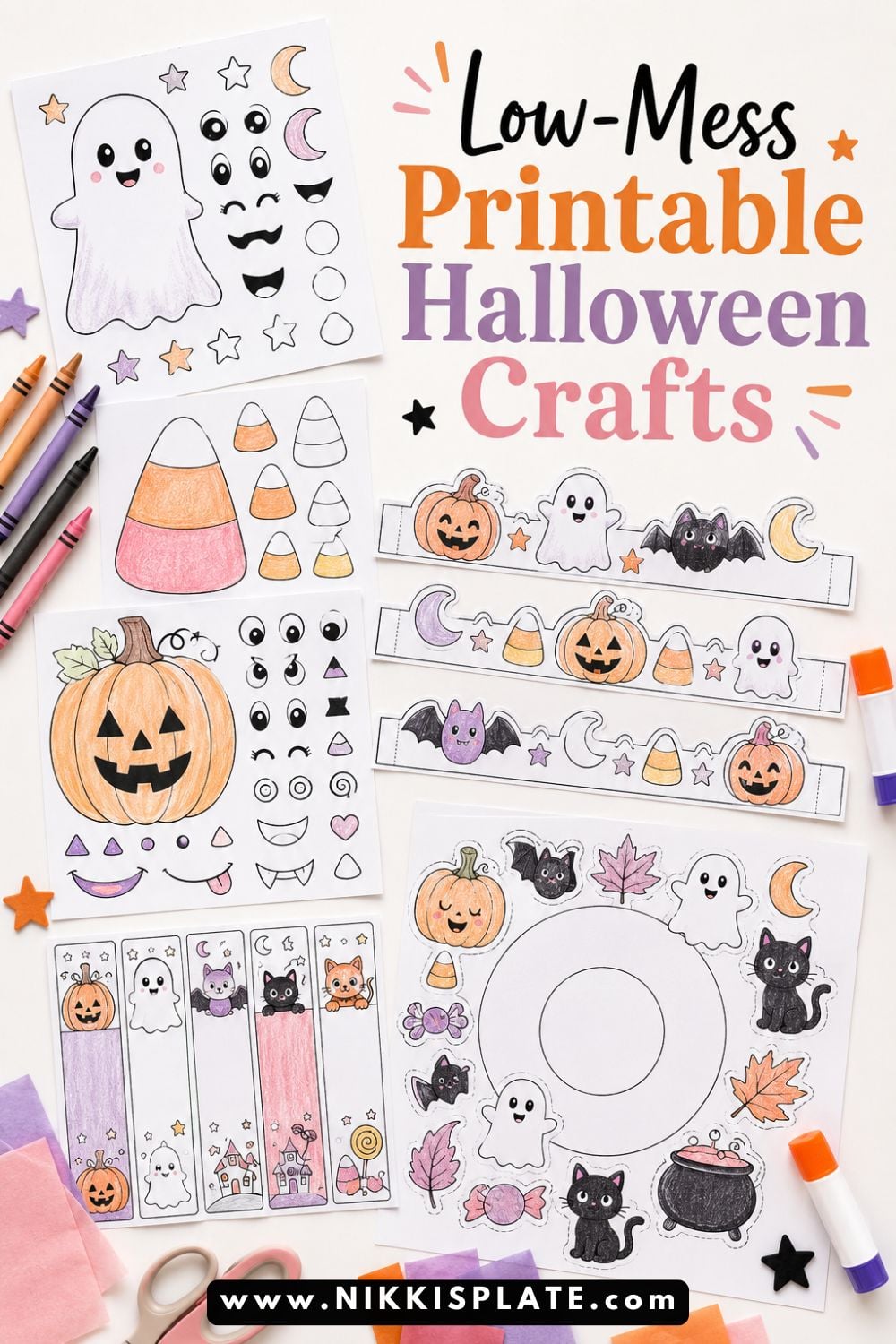 Save these low-mess printable Halloween crafts for a simple October activity! These cute Halloween printables are easy to color, cut, and glue, making them perfect for toddlers, preschoolers, classroom parties, daycare activities, and cozy crafting at home.