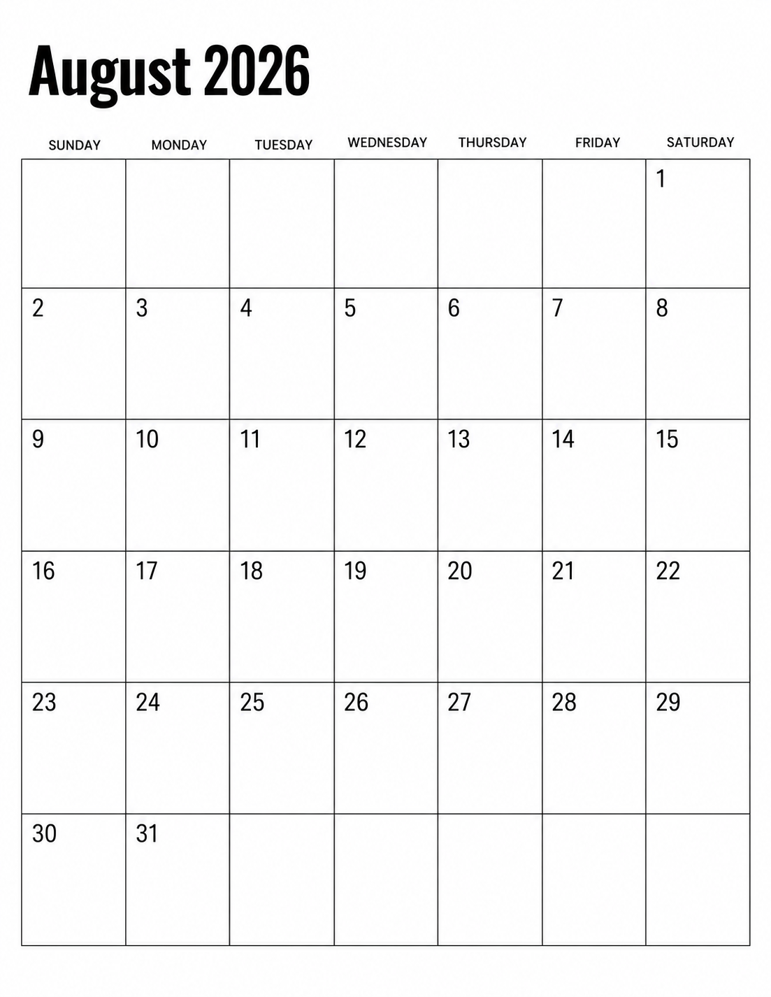 Minimalist August 2026 calendar printable with bold corner August header and Sunday-start layout