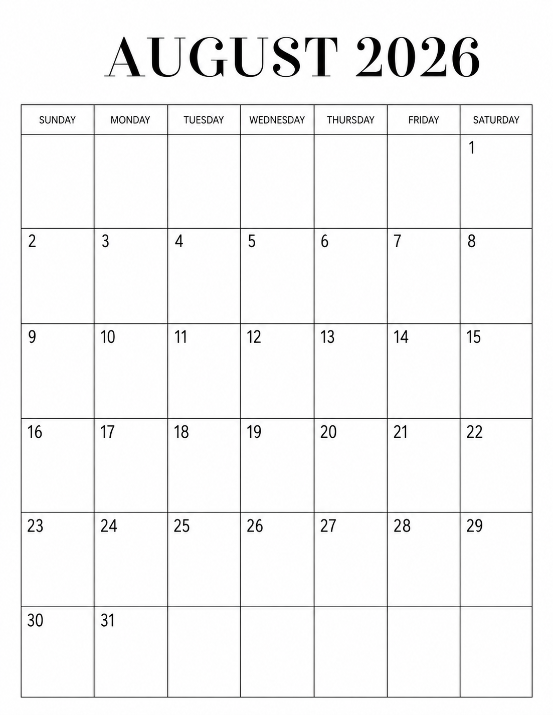 Minimalist August 2026 calendar printable with bold header and Sunday-start layout