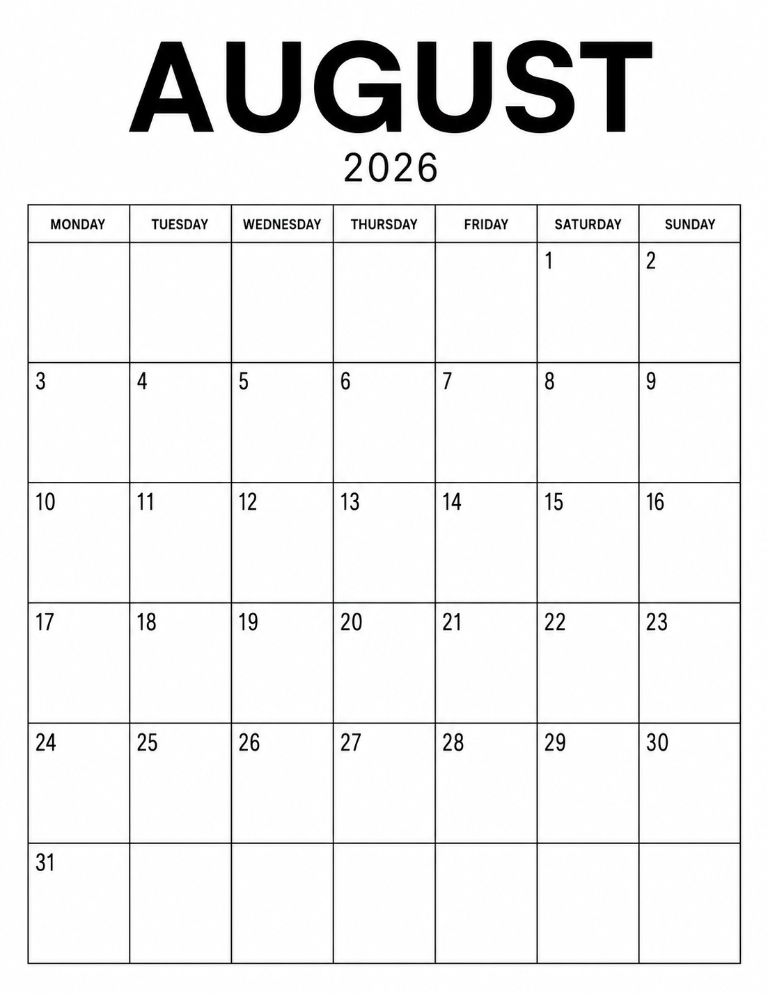 Minimalist August 2026 calendar printable with bold AUGUST title and Monday-start layout
