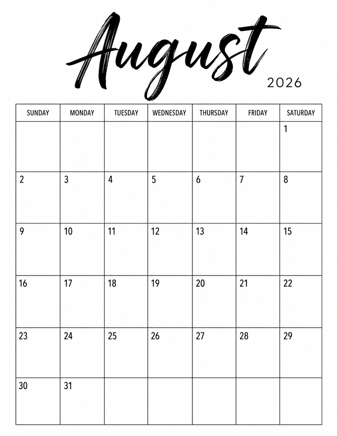Minimalist August 2026 calendar printable with brush script August title and Sunday-start layout