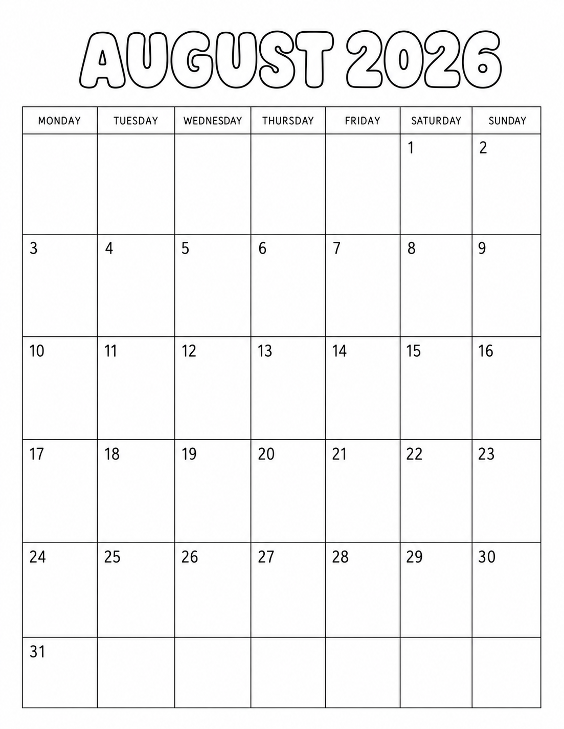 Minimalist August 2026 calendar printable with bubble letter AUGUST title and Monday-start layout