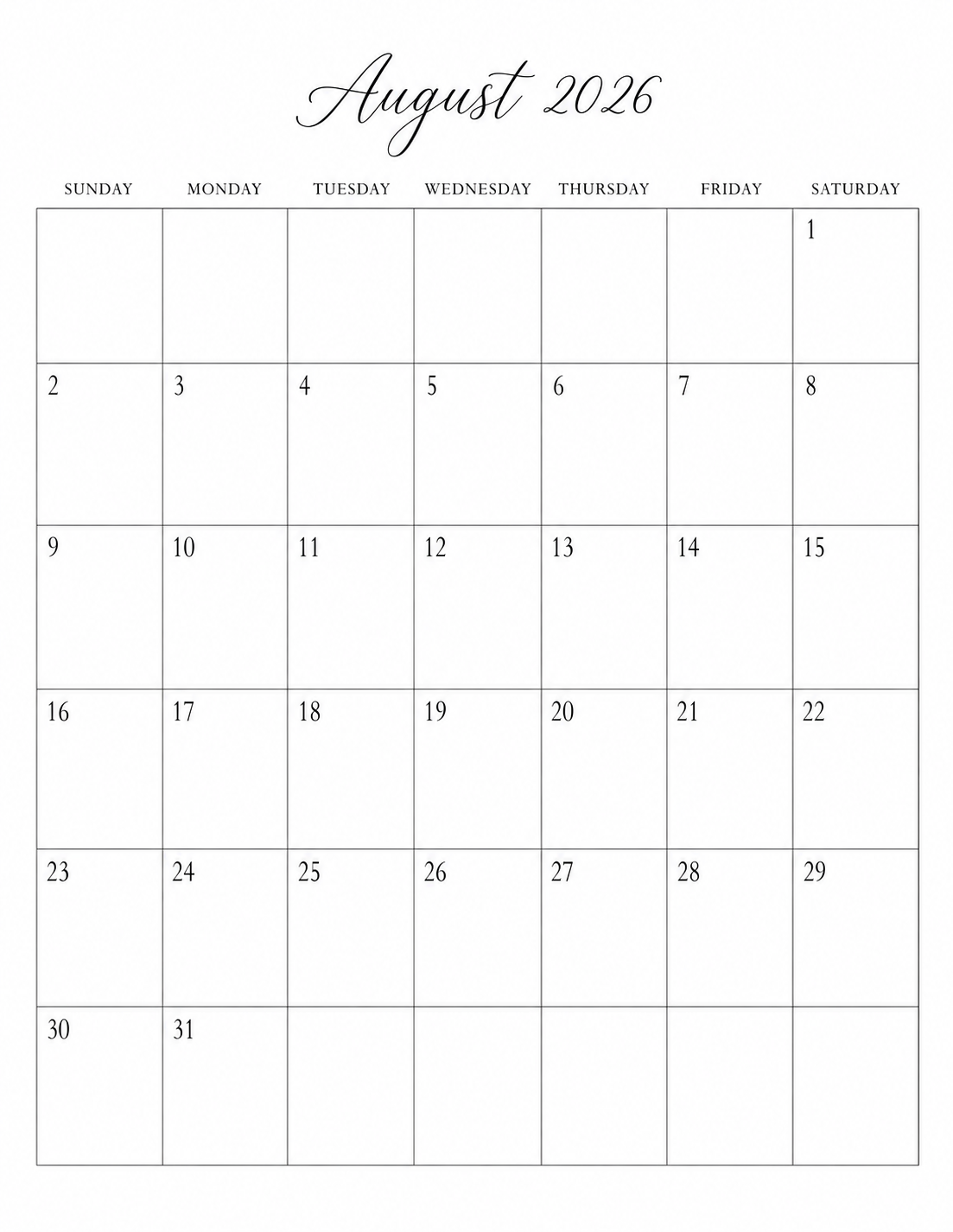 Minimalist August 2026 calendar printable with delicate script title and clean Sunday-start grid