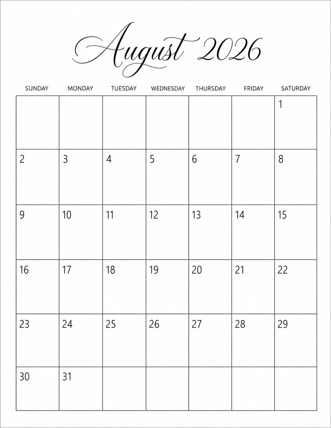 Minimalist August 2026 calendar printable with elegant script title and Sunday-start layout