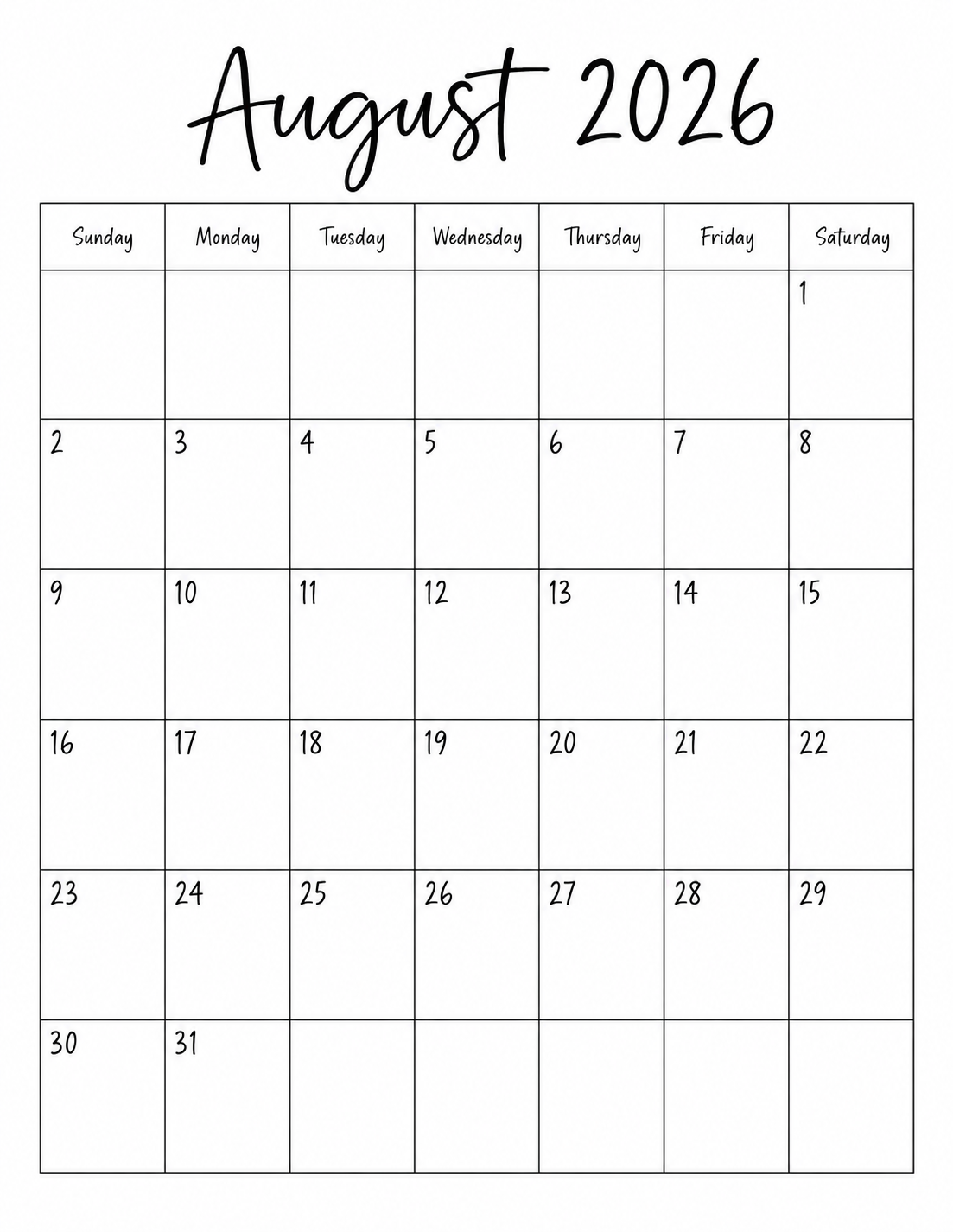 Minimalist August 2026 calendar printable with handwritten-style title and clean Sunday-start grid