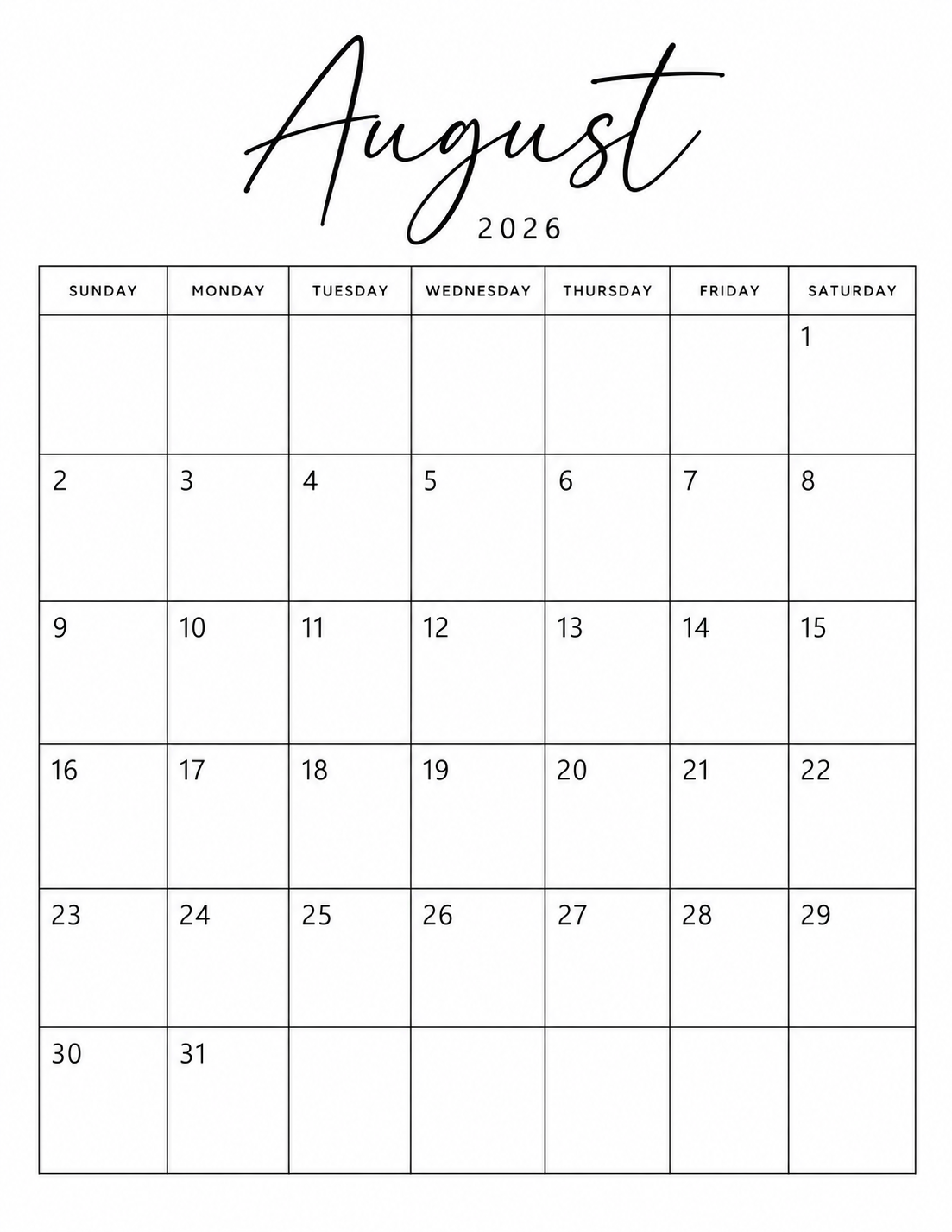 Minimalist August 2026 calendar printable with modern script title and simple monthly grid