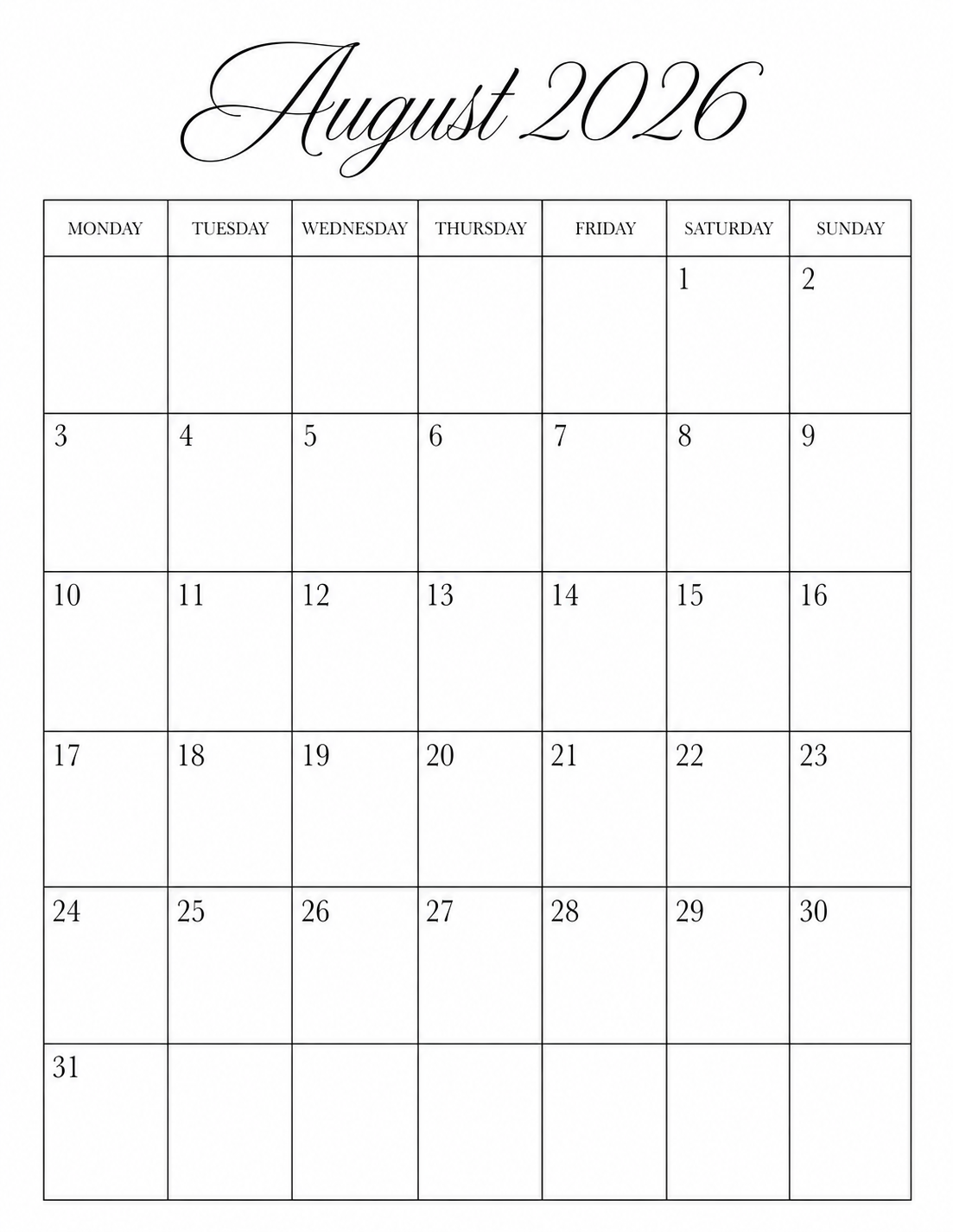 Minimalist August 2026 calendar printable with elegant script header and Monday-start layout