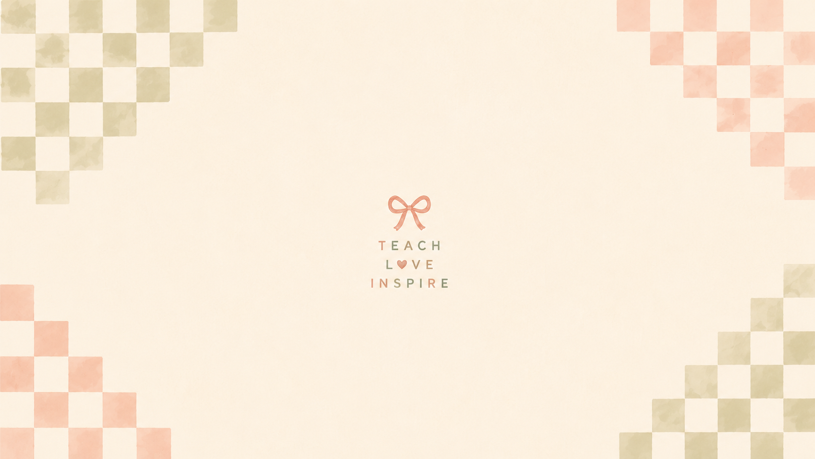 Modern checkered teacher desktop wallpaper with warm cream background, soft watercolor checkerboard corners in blush and sage green, centered bow illustration, and